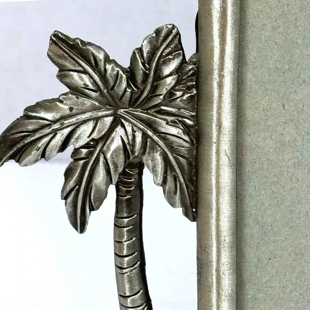 Vtg 90s Pewter Tone Tropical Beach Photo Frame Palm Trees Seashells Coastal 4x6